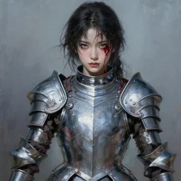 female warrior, lovely delicate face, blood on her face, sophisticated armor, oil painting, passion, bravery, intricate armour costumes, light and shadow effects, intricate, digital painting, art station, concept art, cold tones, sharp focus, morandi color scheme, sharply shaped, illustration, art by makoto shinkai and lois van baarle
