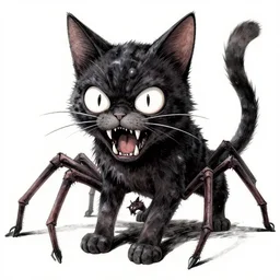 an undead cat with spider legs coming out of its mouth. it has multiple eyes, by kentaro miura