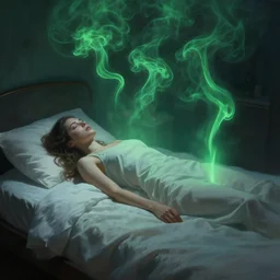a woman floating abover her bed at night, astral projection, green smoke?! surreal concept art, lifelike, photorealistic, digital painting, aesthetic, smooth, sharp focus, artstation hd, artgerm and by greg rutkowski, bruce pennington, valentina remenar, rhads, asher duran,