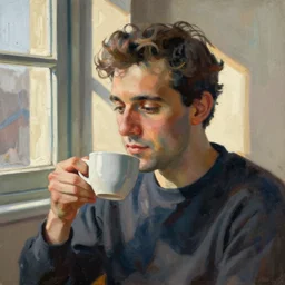 It's morning. Sunlight is pouring through the window bathing the face of a man enjoying a hot cup of coffee. A new day has dawned bringing with it new hopes and aspirations. Painting by Picasso, 1956