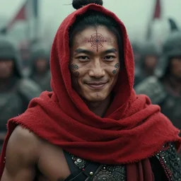 a ultra high resolution close - up of a beautiful young tai warlord standing in crowd of battlefield, looking down at the camera. his face is partially obscured by a red scarf and yantra tattoo, and he has a smiling expression. the light is dim, and the colours are muted. kodak etkar 1 0 0