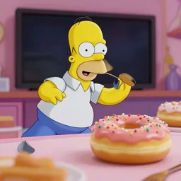 Homer Simpson trying to steal a donut, XF IQ4, f/1.4, ISO 200, 1/160s, 8K, Sense of Depth, color and contrast corrected, Nvidia AI, Dolby Vision, in-frame