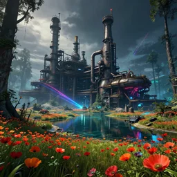 industrial architecture by beeple, cyberpunk azeroth darkacademia postcyberpunk fantasy otherworldly assassin's creed magic realism forest lake poppy dieselpunk laser futuristic flowers thermal imaging uv light reclaimed by nature san andreas meadow architecture island tron, archdaily, wallpaper, highly detailed, trending on artstation.