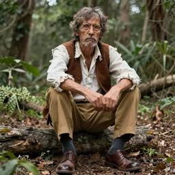 A feral psychiatrist in his natural habitat. He is in his forties and wearing round gold glasses, dirty torn white shirt, brown wool vest, and tan suit pants, dark Grey socks, and brown leather shoes. 4K, National Geographic photograph