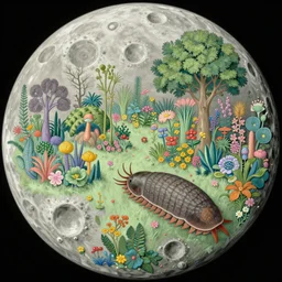 a landscape on the moon with many craters, a beautiful flowering garden, giant woodlouse, a lot of exotic vegetations, trees, intricate detaild, pale colors, 8 k, in the style of martin johnson heade and roger dean
