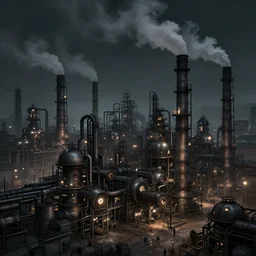 endless industrial megafactory complex, smokestacks, steampunk, smoke, night, gloomy, matte painting