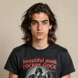 “beautiful punk rocker young man with long dark hair and pretty eyes wearing a rock band tee shirt, as painted by vincent van goth”