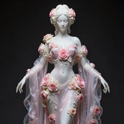 neoclassical professional photorealistic closed detailed portrait of one wonderful symmetrical albino goddess with a beautiful porcelain body dressed with a majestic semi transparent silk pink and cream roses long dress, ornate, intricate, detailed, dramatic light, award winning, octane render, meredit frampton style