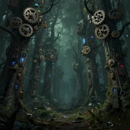 a dark forest where gears and electronic parts grow on the trees tops, cyberpunk landscape wallpaper, d&d art, fantasy, painted, 4k, high detail, sharp focus