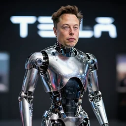 A studio portrait of Elon Musk of SpaceX and Tesla fame as a chrome-plated robot, highly detailed, bokeh, 90mm, f/1.4