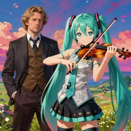hatsune miku playing violin by rembrandt and konstantin razumov, psychedelic, vibrant colors, correct anatomy