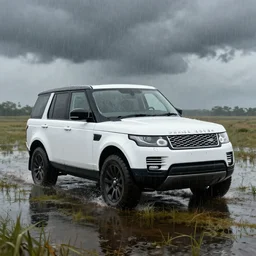 a white landrover crossing the a swamp while its raining, digital art, artstation, photgraphy, highly detailed, digital painting, artstation, concept art, sharp focus, illustration, art by greg rutkowski and artgerm