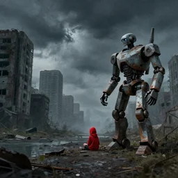 artwork, stormy lighting, abandoned city, paper texture, movie scene, distant shot of red hoody girl sitting under a rusty robot in deserted dusty shinjuku junk town, old pawn shop, bright ground, lurking robot monster in background, dusty, pencil lines, ink