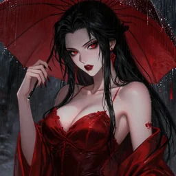 beautiful seductive female vampire, in the rain, highly detailed, painting, dark red and black color palette, intricate, high quality anime artstyle, in the style of sana takeda