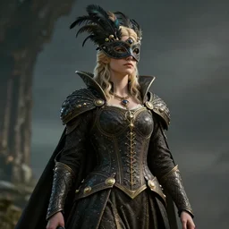 female boss in elden ring. renaissance noble costume, masked, feathers, concept art, cinematic, epic wide shot, artstation, sharp focus, smooth, establishing shot, sense of awe. delicate features. alluring. navigator gear. poster style, ultra realistic. ultra detailed, volumetric light. unreal engine. 8 k.