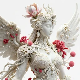 intricate hyper detailed ultra sharp focus 3 d render of a beautiful porcelain ivory fair seductive phoenixmarie medium shot portrait, close - up, bright 3 point light studio, alexandre ferra white hexagonal mesh, cyberpunk mechanical haute couture huge fractal mycelum and fungi filigree lace, rasberry chili red sponge corals, huge magnolia goliath head ornaments, big embroidered leaves sinuous roots, octane render, pearls, volumetric cinematic lighting, 8 k, vray tracing, no dof, no blur