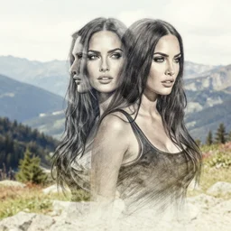 realism tattoo sketch of double exposure megan fox, on beautiful mountain scenery, in the style of andrey lukovnikov