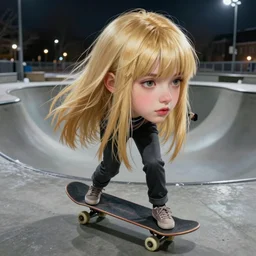 blonde skatergirl with fringe hair in the skatepark during winter night. highly detailed, cinematic, smooth concept art, airbrush, by artgerm and greg rutkowski and alphonse mucha and simon stalenhag artstation