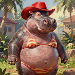 highly detailed painting of a hippo wearing a bikini and a red hat, gta 5 cover art style, 8 k, radiant light, detailed and intricate environment, trending on artstation