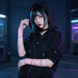cyberpunk tomboy with hoodie and bandage on her arms