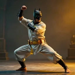 batman performing kalaripayattu, cinematic, color graded, volumetric lighting, octane render, ultra realistic