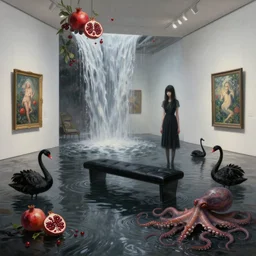 painting of a flooded gallery rooms at a nagasaki art gallery, black lounge, a tall emo girl, art gallery interior, a black bench chair, waterfall, sensual, pomegranates, berries, octopus, zen, black swans, surrealist, by magritte and monet