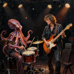 a beautiful painting by james jean of a couple of octopus playing drums and fender telecaster guitar in an electronic concert, black background, concert light, dark mood, warm lights