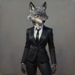 oil painting detailed full body of anthromorphic female wolf, in style of zootopia, zootopia, zootopia, fursona, furry, furaffinity, 4 k, deviantart, furry art, fursona art, wearing black business suit, business suit, in style of zootopia, wolf fursona, cyberpunk, female, expressive, detailed feminine face,