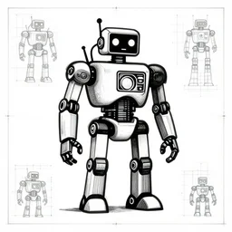 mech robot, blueprint, linocut, flat art, black and white, digital