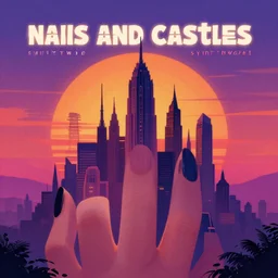 ' nails and castles, synthwave, sunset, fuxia, cover art'