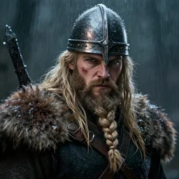 a viking with long blonde hair and braided beard, helmet, fur shoulder pads, scarred, wet, raining, close up, rim lighting, portrait, sinister atmospheric lighting. highly detailed painting by greg rutkowski, anime style