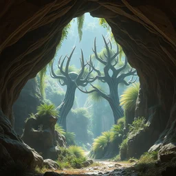 underground cave on an exotic alien planet with a jungle canopy of antler trees in the background, leafy overgrowth, insectile weeds, by ian miller, rodney matthews and al feldstein, photorealistic render