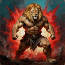 oversized muscular lion barbarian hunter full human body in portrait powerful pose  , red explosion  in cyan background , very textured detailed oil painting by rembrandt , hard backlight , in dark cave