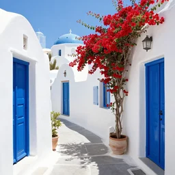 photo of a brightly sun lit alley in santorini, with blue doors and shutters, and red flowers, 8 k