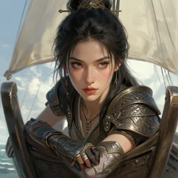 A beautiful female warrior posing on a boat, beautiful face, highly detailed face, close-up, fantasy woman, fantasy art, in the style of greg rutkowski, illustration, epic, fantasy, intricate, hyper detailed, artstation, concept art, smooth, sharp focus, ray tracing