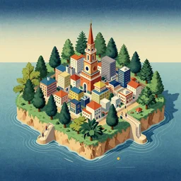 3 d isometric botanical illustration of a small city in an island surrounded by water, diego rivera in ukiyo - e style variation 1, hd