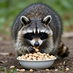 a raccoon eating from a bowl of peanuts in the forest
