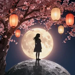 a dramatic colorful fujifilm photograph of the silhouette of a young japanese girl standing on the surface of the moon.  There are paper lanterns and a blossoming ornamental cherry tree.