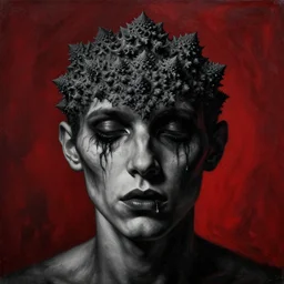 black dramatic portrait painting of human with black mandelbrot fractal instead of face, in style of zdzisław beksinski, dark red, horror, body horror, scary,