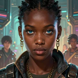 african biopunk bounty hunter, science fiction, highly detailed, digital painting, beautiful eyes, symmetry, concept art, sharp focus, illustration, global illumination, radiant light, synthwave colors, detailed and intricate environment, art by artgerm and greg rutkowski and magali villeneuve and ilya kuvshinov!