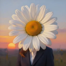 giant daisy flower uber head, frontal, a girl in a suit, surreal photography, sunrise, dramatic light, impressionist painting, digital painting, artstation, simon stalenhag