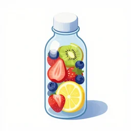 ( ( dither ) ), editorial illustration strawberries blueberries sliced kiwi sliced lemon inside a clear drinking bottle, isometric, modern art deco, ( ( mads berg ) ), victo ngai, detailed, dynamic composition, wide angle, matte print, unreal engine, film grain
