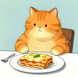 fat orange cat on a table with lasagna by david wiesner