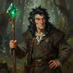 portrait of an old halfling man with black spike hair, holding a quarterstaff with an emerald, in a forest, strong, lively, fantasy, highly detailed, digital painting, artstation, concept art, character art, art by greg rutkowski and tyler jacobson and alphonse mucha