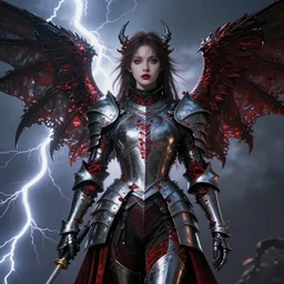 angel knight gothic girl in dark and red dragon armor. by gaston bussiere, by rembrandt, cinematic lightning, silver