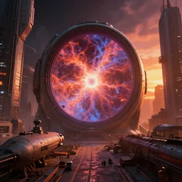 a space portal with fractal plasma smoke mri machine bulbous zaha hadid space-station city street interior inspired by a nuclear reactor submarine and maschinen krieger, ilm, beeple, star citizen halo, mass effect, 2001 space odyssey, elysium, iron smelting pits, warm saturated colours, atmospheric perspective, dramatic sunset