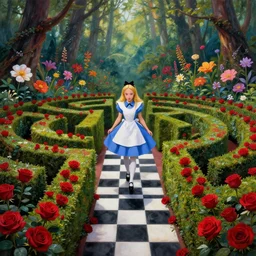 Alice in wonderland theme hedge maze, red roses, black and white checkerboard path, painting forest with exotic colorful flowers, in Jeremy fenske artstyle with hunter, trending on artstation, cinematic lighting