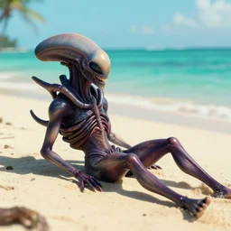 a xenomorph alien relaxing on a beach in jamaica, cinematic lighting, directed by dennis villeneuve, national geographic, award winning, concept art, artstation, unreal engine, game screenshot