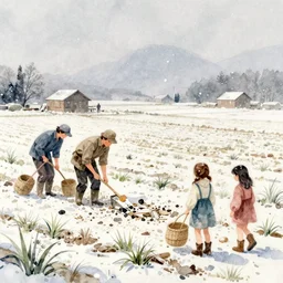 concept art of a farmers in a field, young girls, artstation, watercolor, snowing, late evening