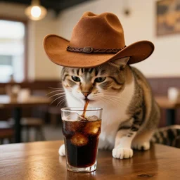 a cat drinking soda in a restaurant with a cowboy hat on his head